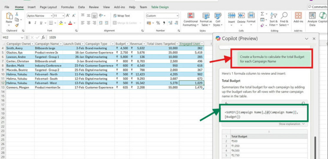 Excel with Copilot generating insights